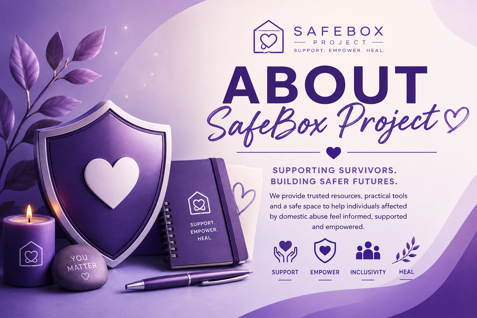 A purple-themed display promoting the SafeBox Project, supporting survivors of domestic abuse. It features a purple shield with a white heart, a lit purple candle, a rock with 'You Matter' inscribed, a spiral notebook, and a pen. The background includes purple leaves and the text discusses resources, practical tools, and creating a safe space for survivors, emphasizing support, empowerment, inclusivity, and healing.