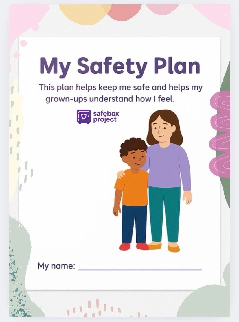 A colorful illustrated cover of a child's safety plan booklet titled "My Safety Plan" with a subtitle explaining its purpose. The cover features a cartoon of a woman with shoulder-length brown hair and a boy with curly brown hair, wearing casual clothes, smiling and standing side by side. The background has abstract pastel-colored shapes and patterns.