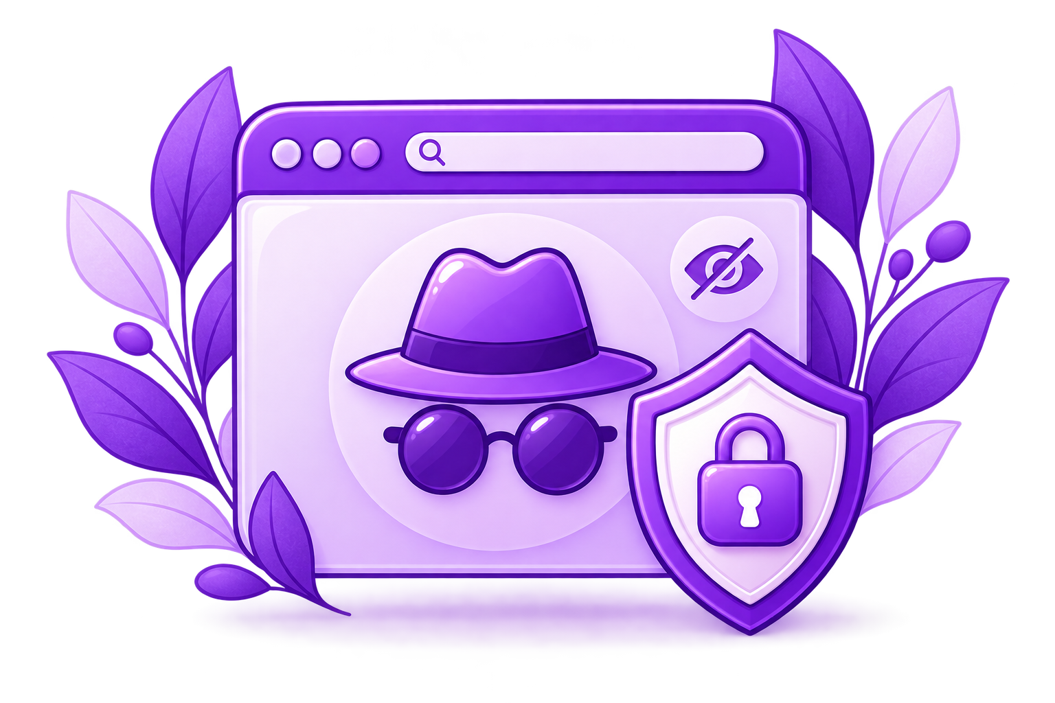Illustration of online privacy and security, featuring a web browser window with a fedora hat and sunglasses, a shield with a lock symbol, and purple leaves in the background.