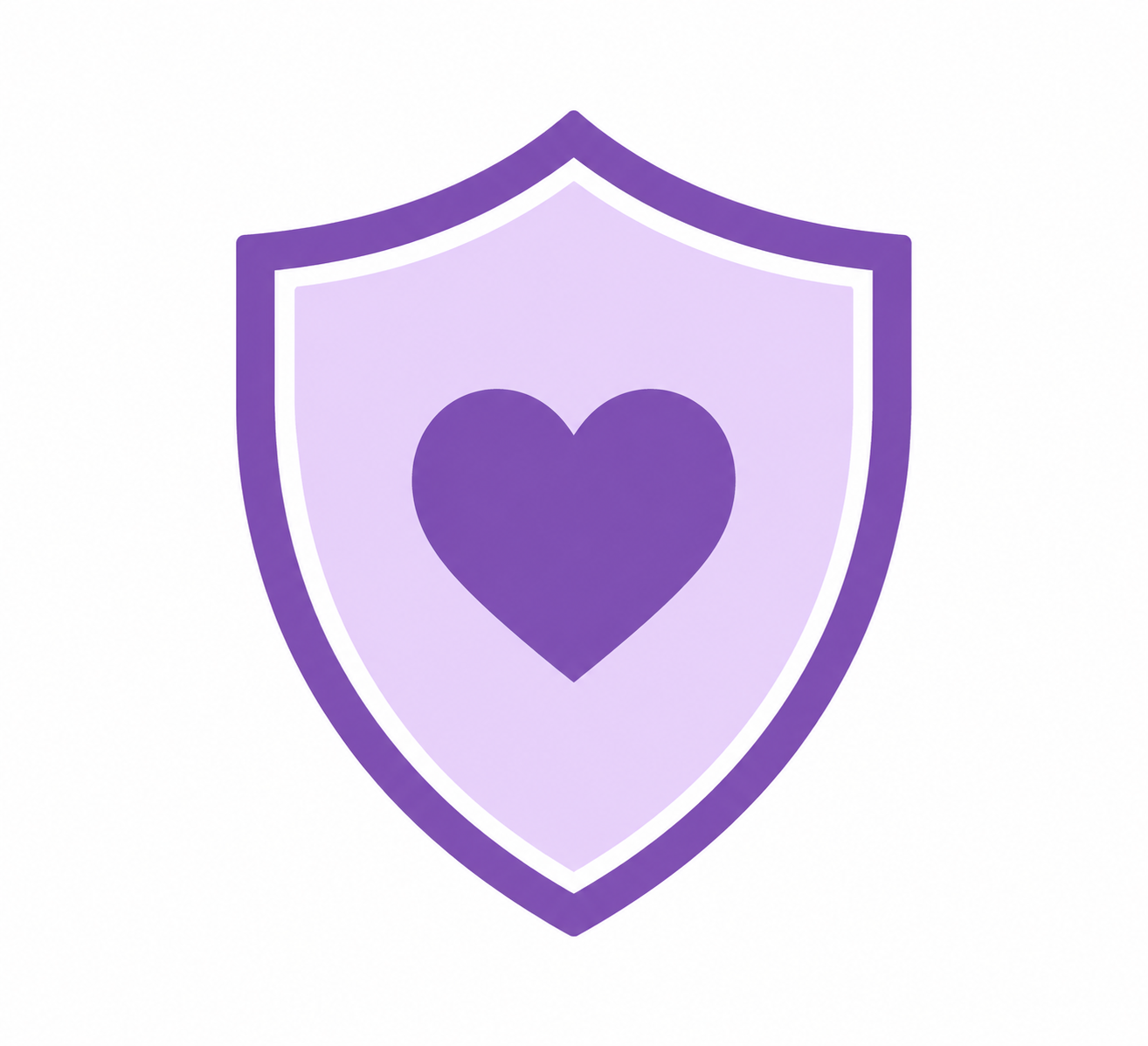 Purple shield icon with a dark purple heart in the center.