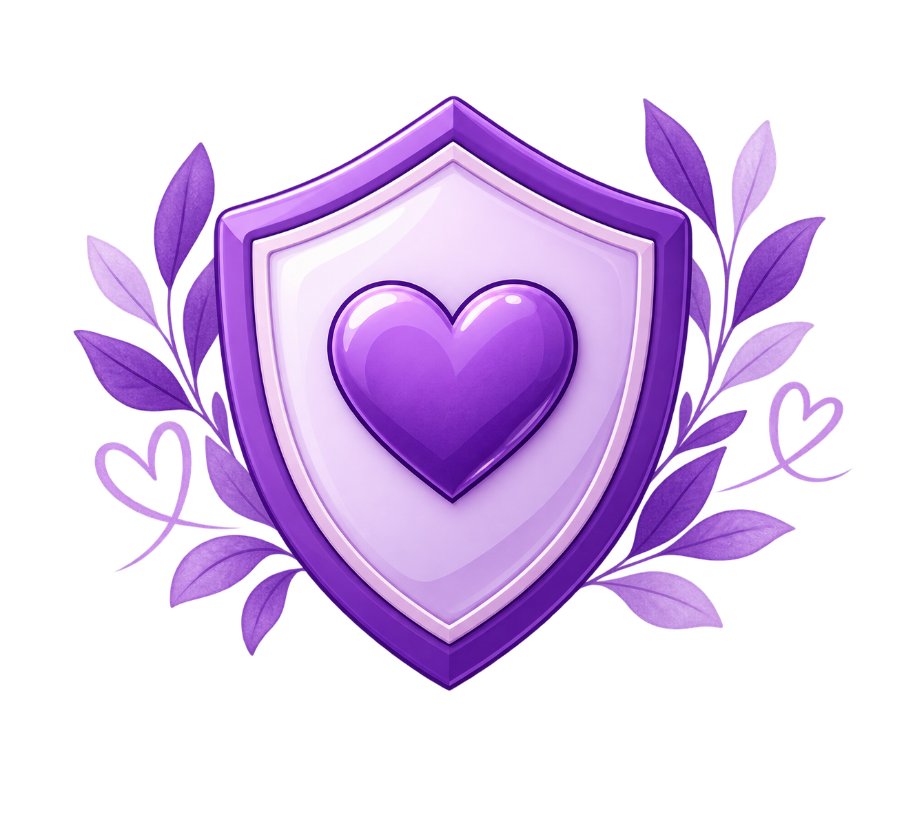 A purple shield with a heart in the center, surrounded by purple leaves and two smaller heart illustrations.