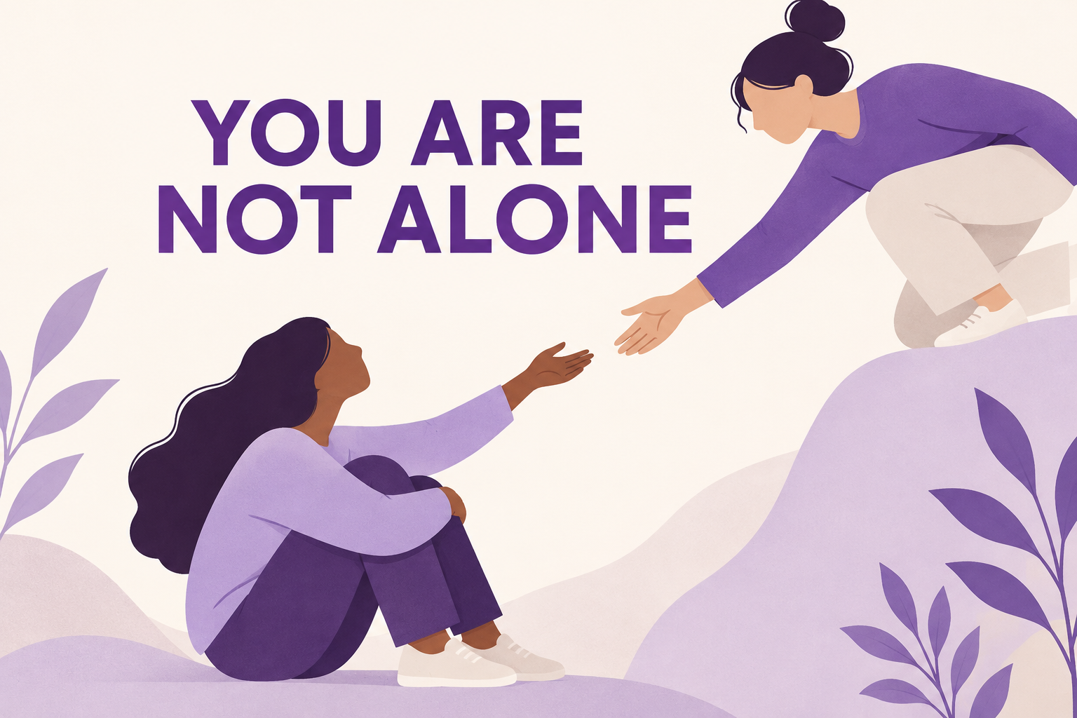 Illustration of two women reaching out to each other with the text 'You Are Not Alone' in purple, surrounded by purple leaves and light-colored background.