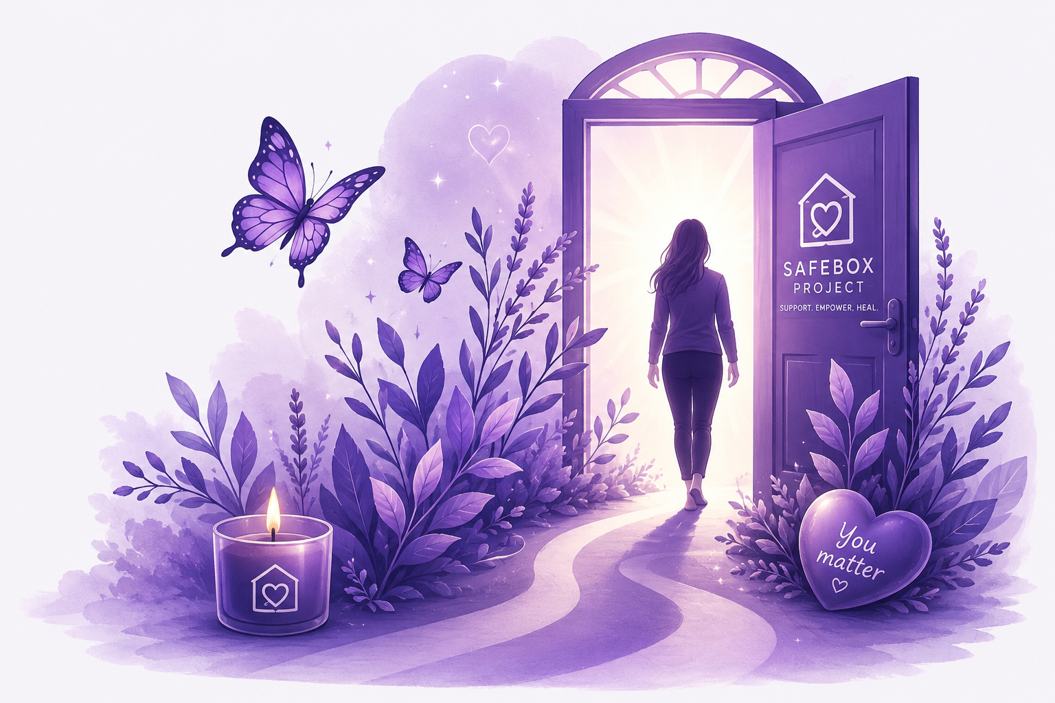 A woman walking towards an open door with sunlight streaming out. The scene features purple and lavender tones with butterflies, leafy plants, a lit candle in a purple holder, and a purple heart-shaped stone with the words "You matter". The door has a sign for the SAFEBOX PROJECT, supporting empowerment and healing.