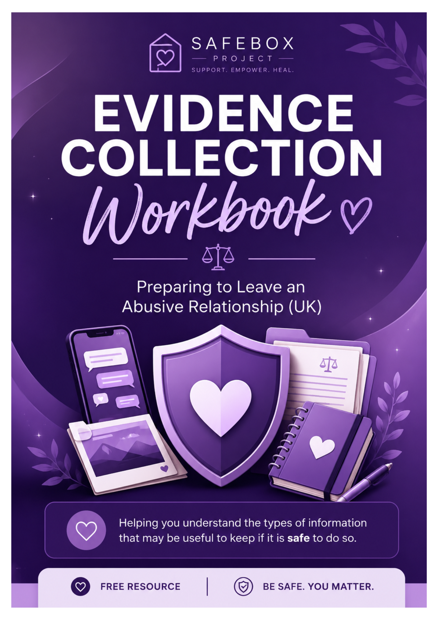 A digital graphic promoting the SafeBox Project's Evidence Collection Workbook, with illustrations of a smartphone, shield, documents, notebooks, and writing tools on a purple background.