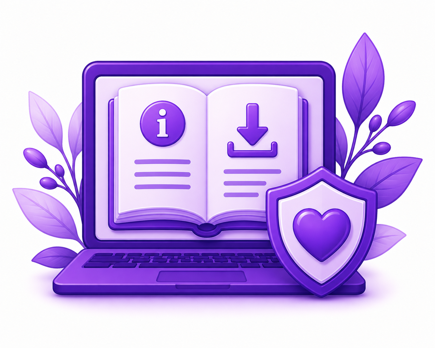 Digital illustration of an open book on a laptop screen with information and download icons, surrounded by purple leaves and a shield with a heart symbol, representing online security or digital knowledge.