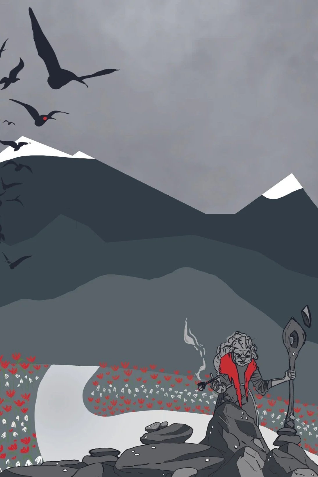 Illustration of a mountainous landscape with dark gray mountains, a waterfall, and a figure with gray hair, a red scarf, and a staff standing on rocks in the foreground. Several black birds fly in the overcast sky.