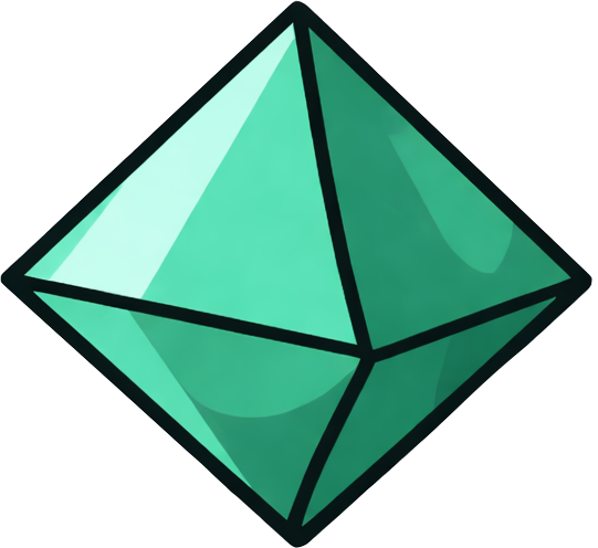A three-dimensional illustration of a green, transparent gemstone with black outlines.