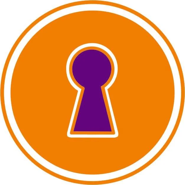 Orange circular background with a purple keyhole symbol in the center.