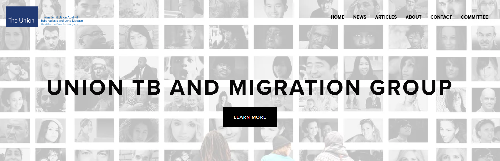 Website homepage for the International Union Against Tuberculosis and Lung Disease, featuring a collage of diverse grayscale faces, the title "UNION TB AND MIGRATION GROUP," and a