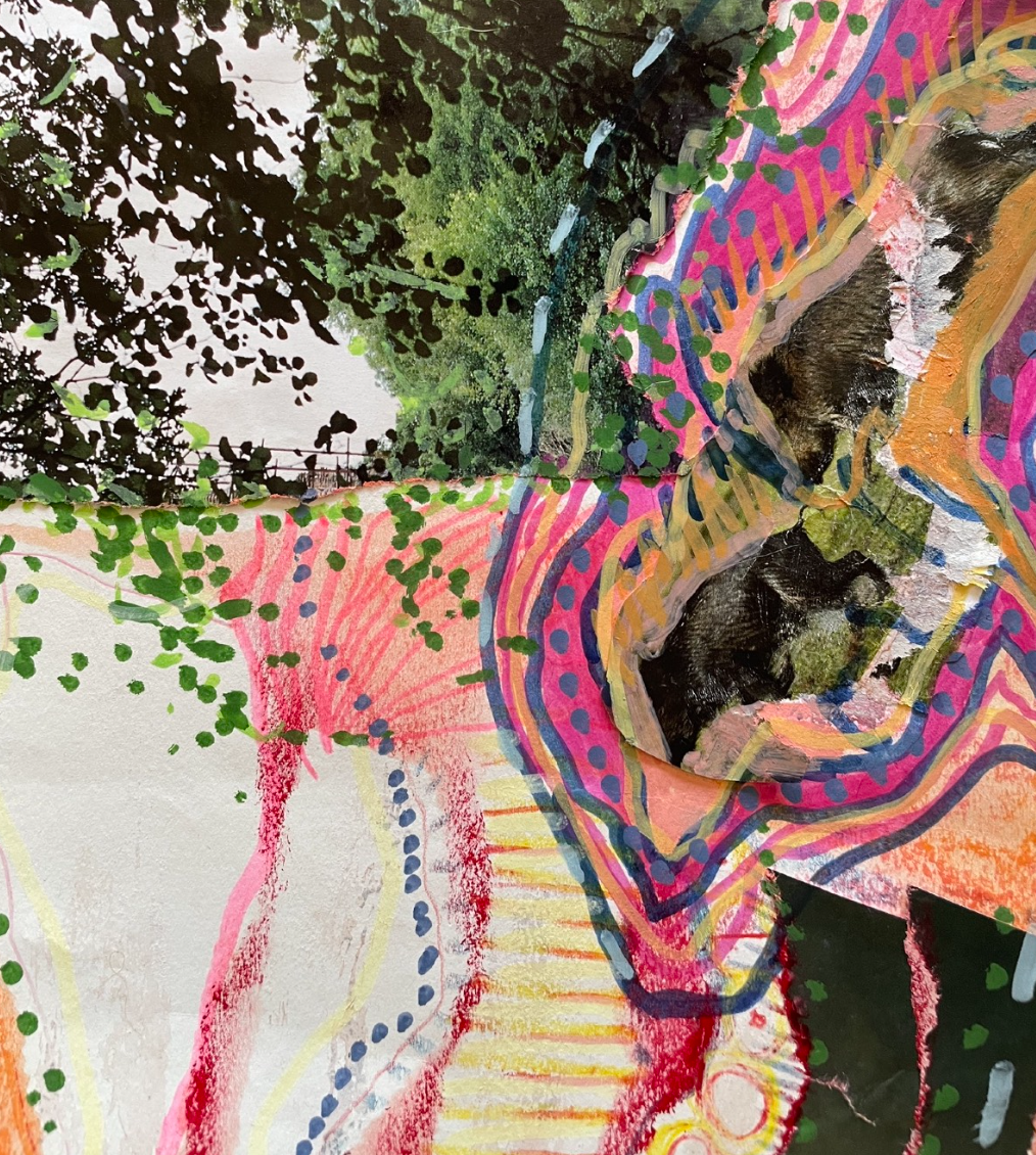 Collage artistique combinant une nature avec arbres verts et une rivière en photo, et un dessin coloré au style abstrait avec des lignes ondulées, des points et des rayures en rose, orange, bleu et jaune.