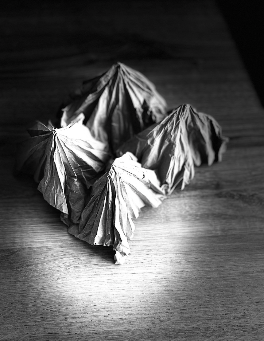 Photo en noir et blanc de papiers froissés sur une surface en bois, et éclairés.
