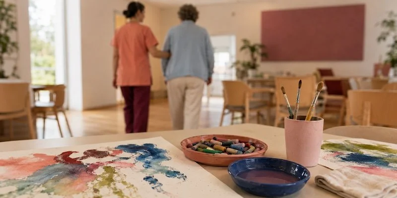 Au premier plan une table avec des pinceaux, de la peinture, des godets, et des dessins colorés. En arrière plan une soignante accompagne une personne âgée de dos, et floues.