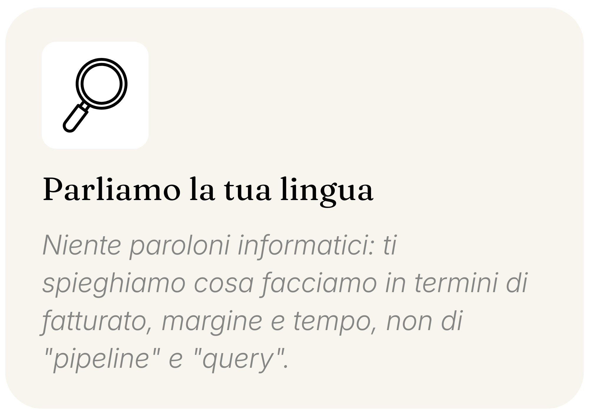 Immagine rassicurante con la dicitura 'Niente paroloni informatici: ti spieghiamo cosa facciamo in termini di fatturato, margine e tempo, non di "pipeline" e "query"'