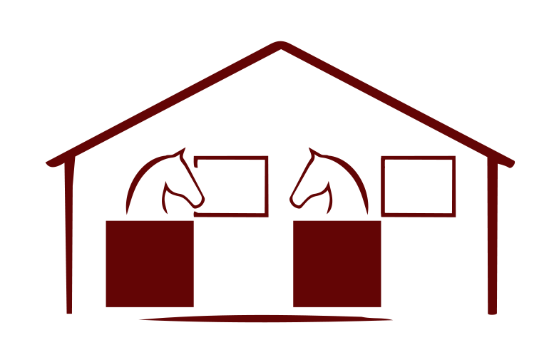 Line drawing of a barn with two horses inside, each horse in a stall with a window, and the barn has a pitched roof.