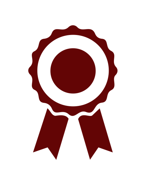 Red award ribbon with a circular center and two hanging ribbons.