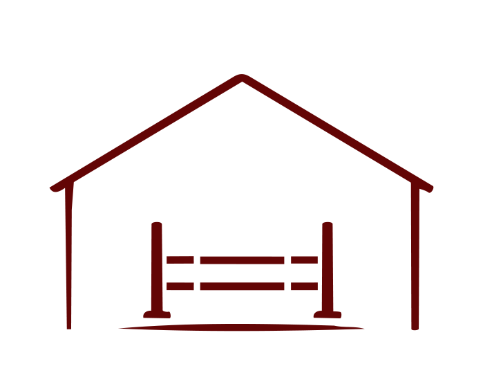 Outline of a garage with garage doors, drawn with red lines.