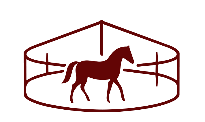 A maroon-colored horse standing inside a round, open-fenced arena.