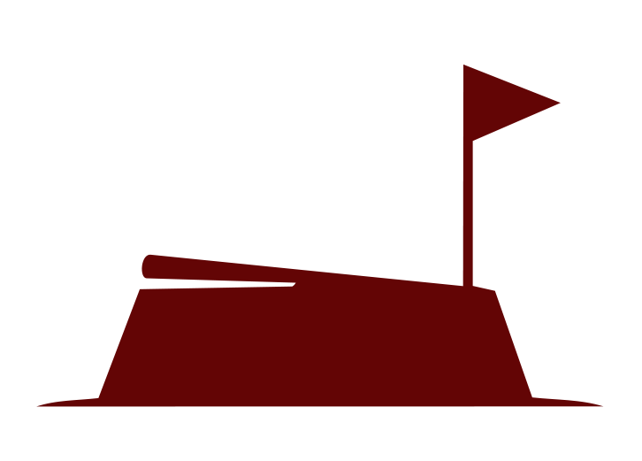 Silhouette of a golf course sand trap with a golf club and flagstick.