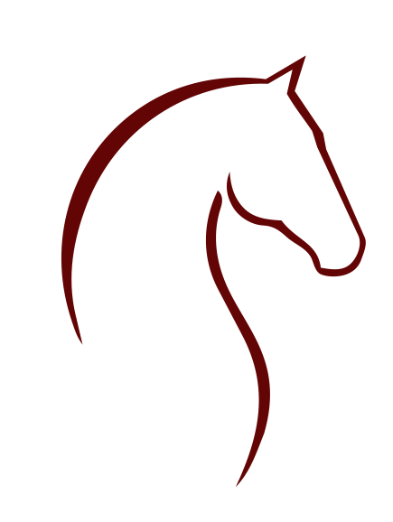 Outline drawing of a horse's head with a curved neck, in dark red lines.