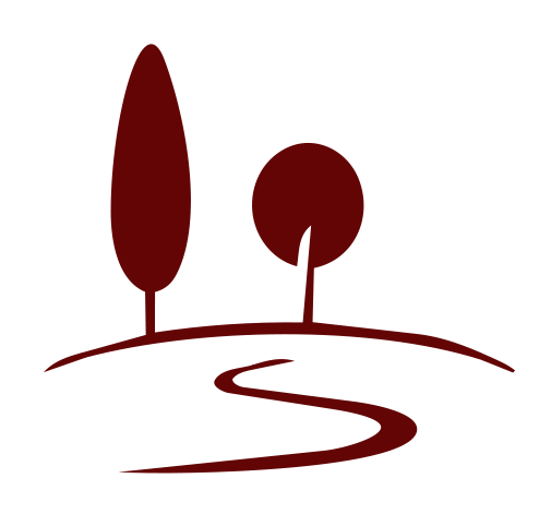 Stylized trees and a winding path or river on a black background.