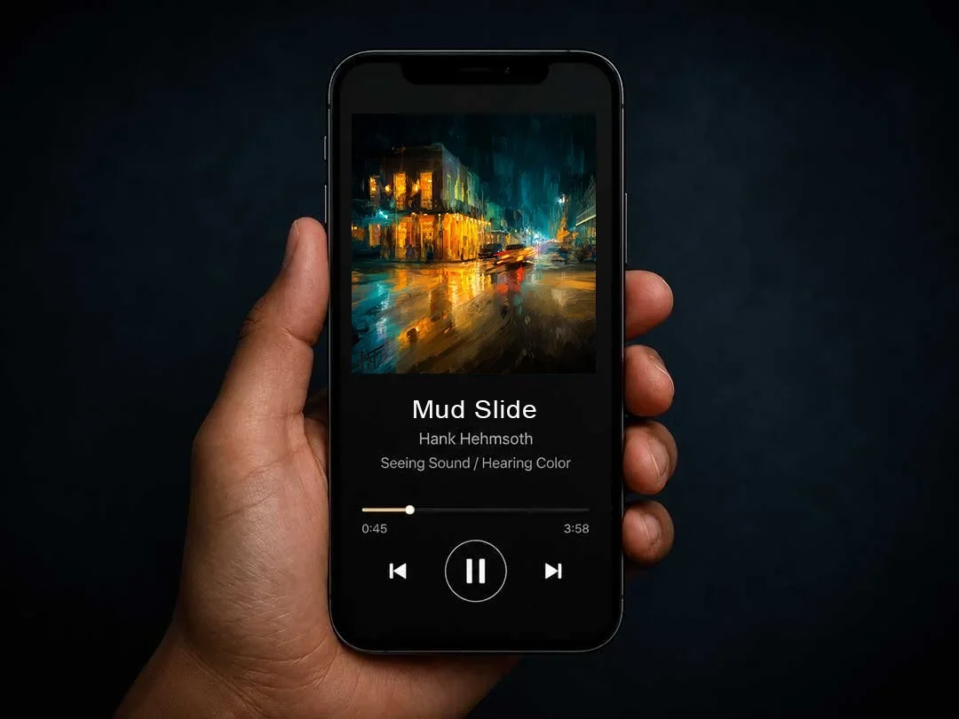 Hand holding a smartphone displaying Deep Eddy Blue artwork and an audio player for the Seeing Sound / Hearing Color listening experience.