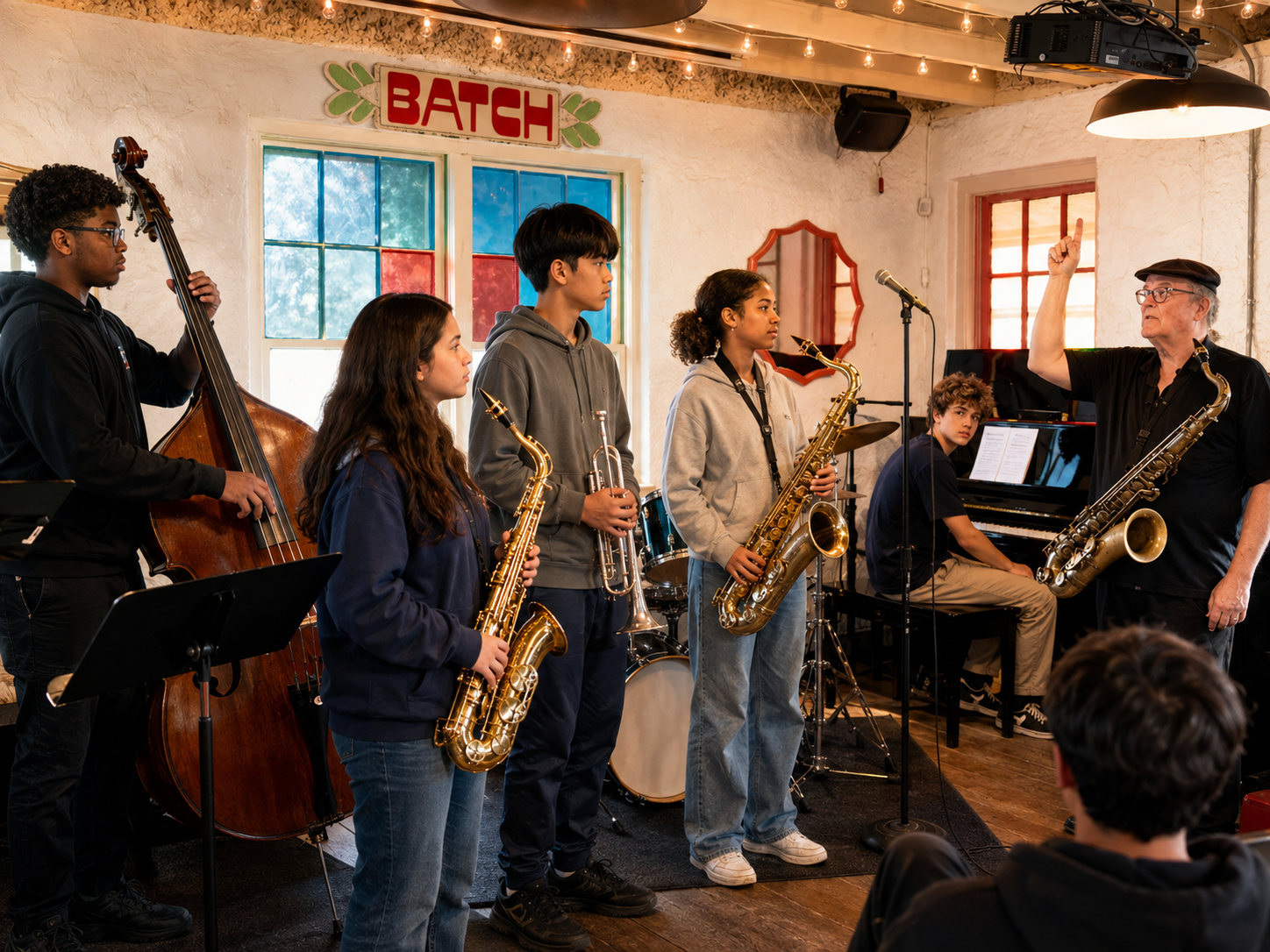 Members of Double Vision Jazz Ensemble working with young musicians during an HPPAA jazz education program in Austin.