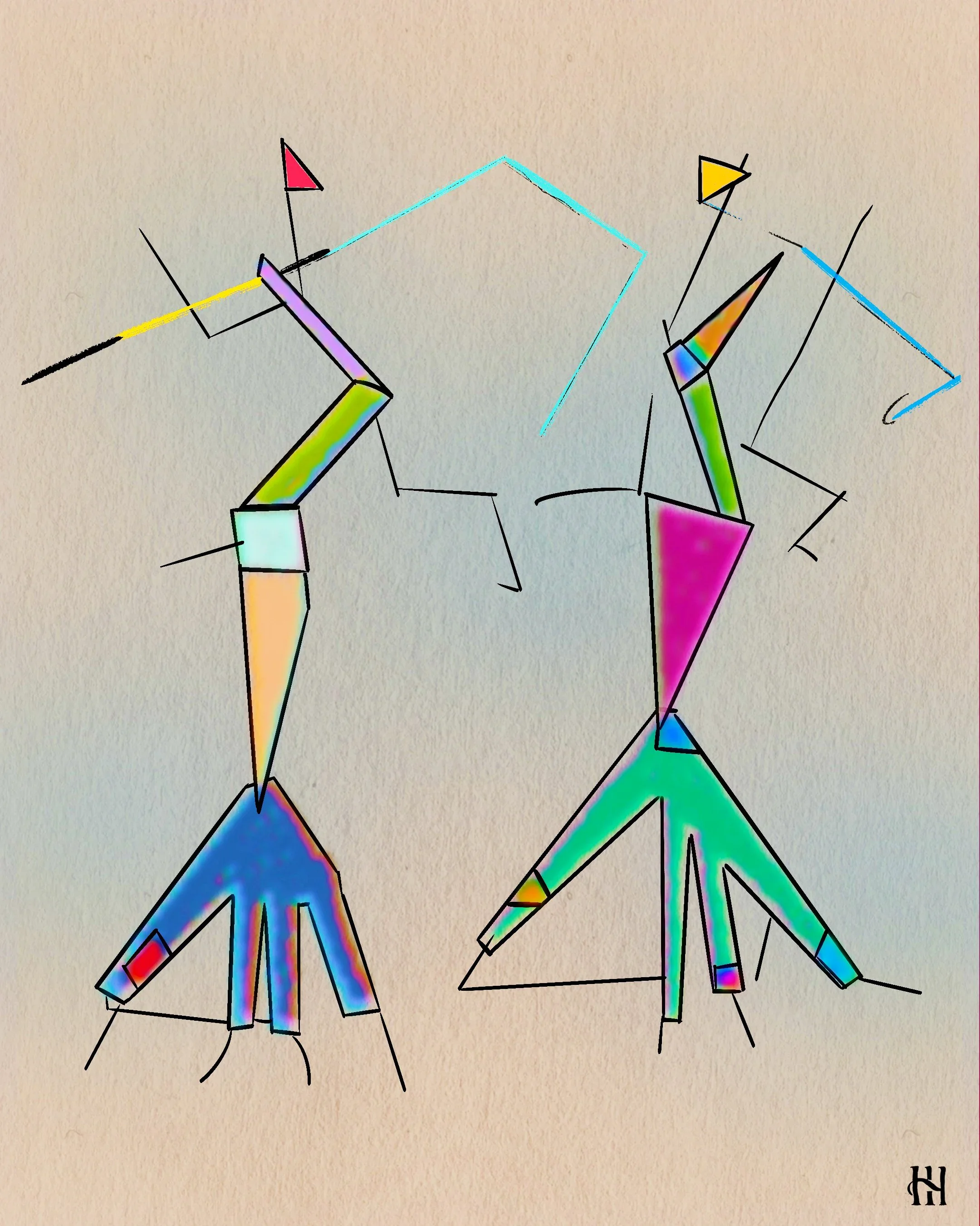 Hand Dances:** Abstract line drawing of two dancing figures with bright geometric accents.