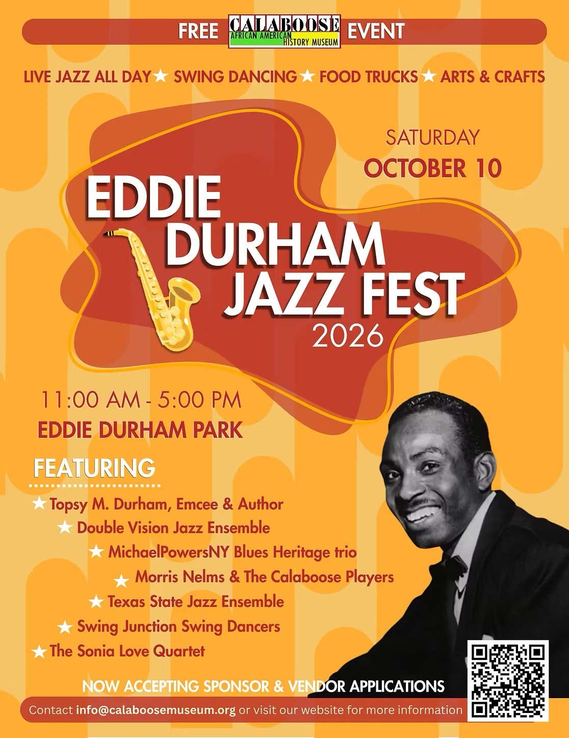 Official 2026 Eddie Durham Jazz Festival poster listing the performers and event details