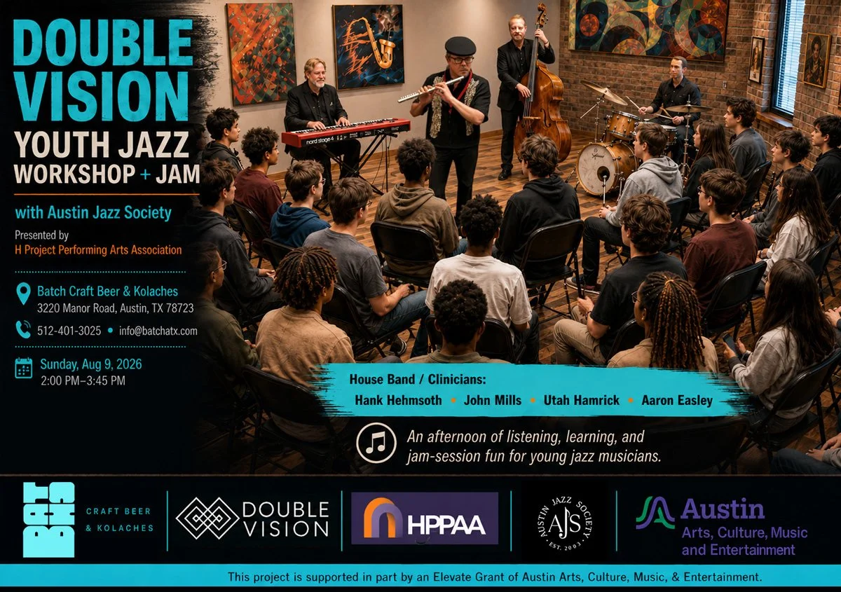 A group of young musicians attending a jazz workshop and jam session in a room with paintings on the wall, featuring Doule Vision Jazz Ensemble, with an audience of teens seated in chairs.