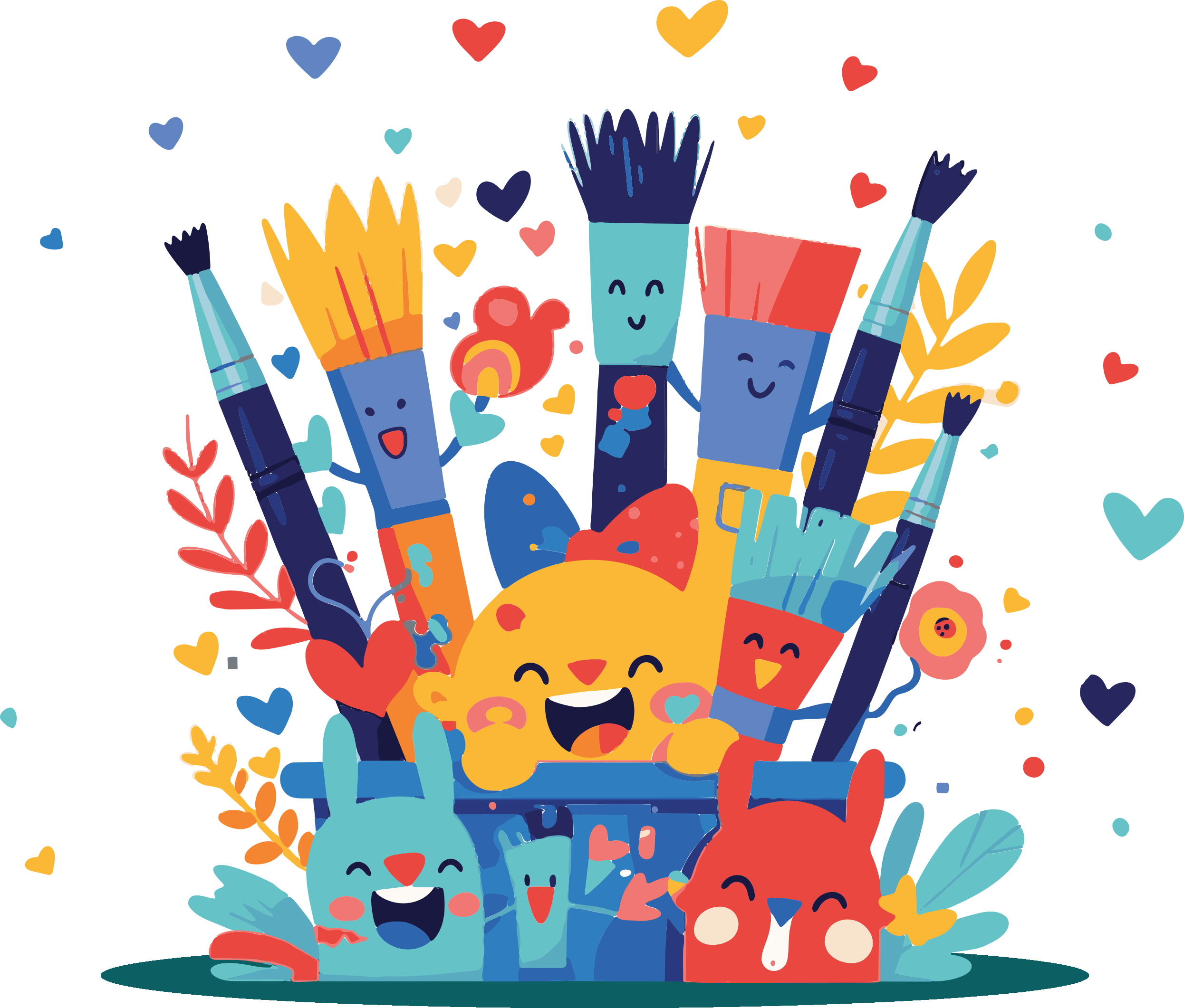 Colorful illustration of various animals with smiling faces and playful expressions, including a lion, bear, and other creatures, in a vibrant, cartoon style.