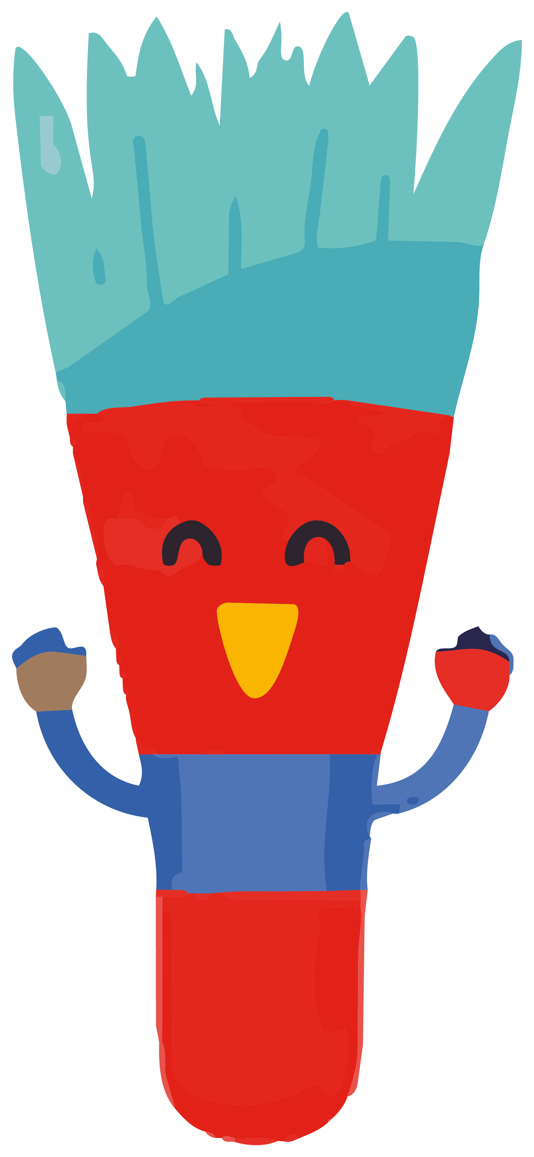 Cartoon character of a happy, smiling red and blue plant with a green top, waving with both arms, with a cheerful face and small closed eyes.