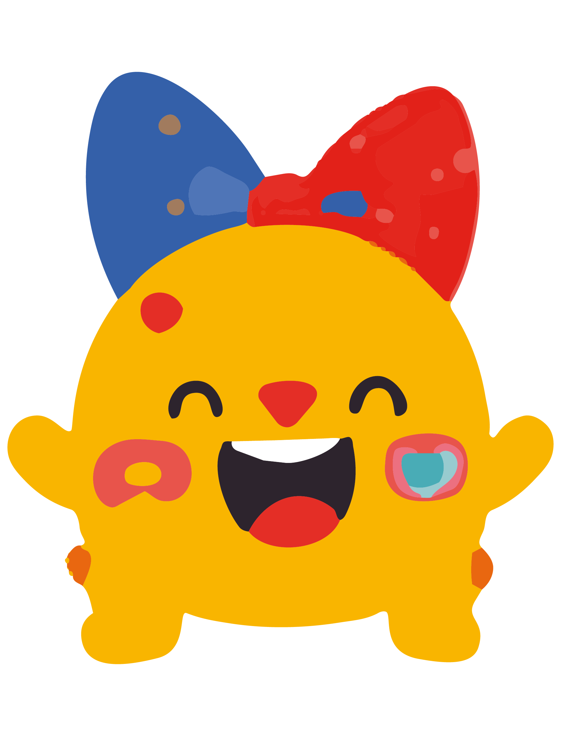 A cartoon yellow chick with a red bow tie, holding a drink, and a red bow on its head.
