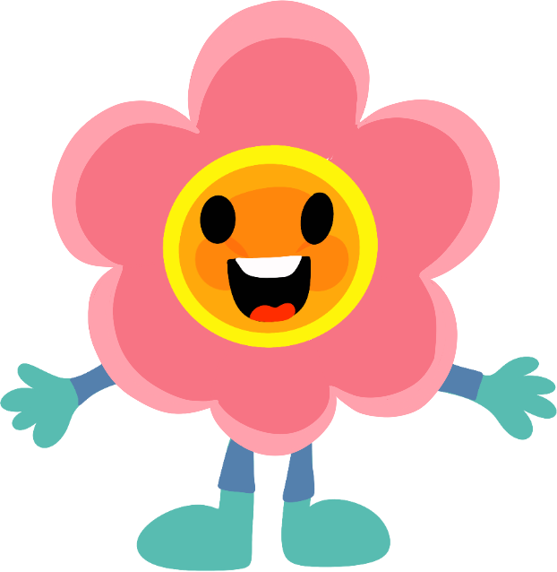 A cartoon character with a pink flower-shaped head, orange face, big smile, and black eyes. It has blue gloves and boots with a small body.
