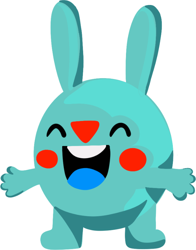 Cartoon blue bunny with red cheeks, big happy smile, and large ears, standing with arms outstretched.