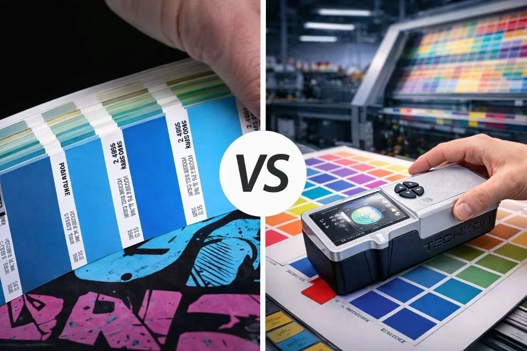 Comparison between paint color swatches and a color matching device at a paint store.