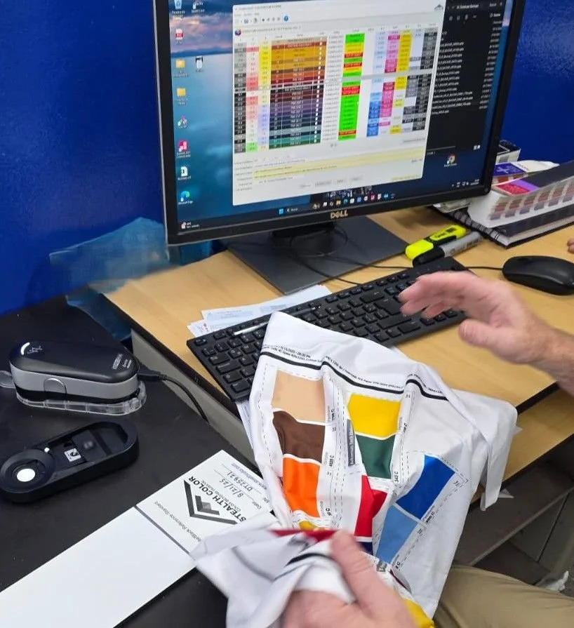An employee at a desk working on a computer with a large monitor displaying a colorful project management or schedule spreadsheet. The desk has a black computer mouse, a keyboard, papers, a package of masks or fabric swatches, and a color palette. The person is holding the fabric or mask, with a blue wall in the background.