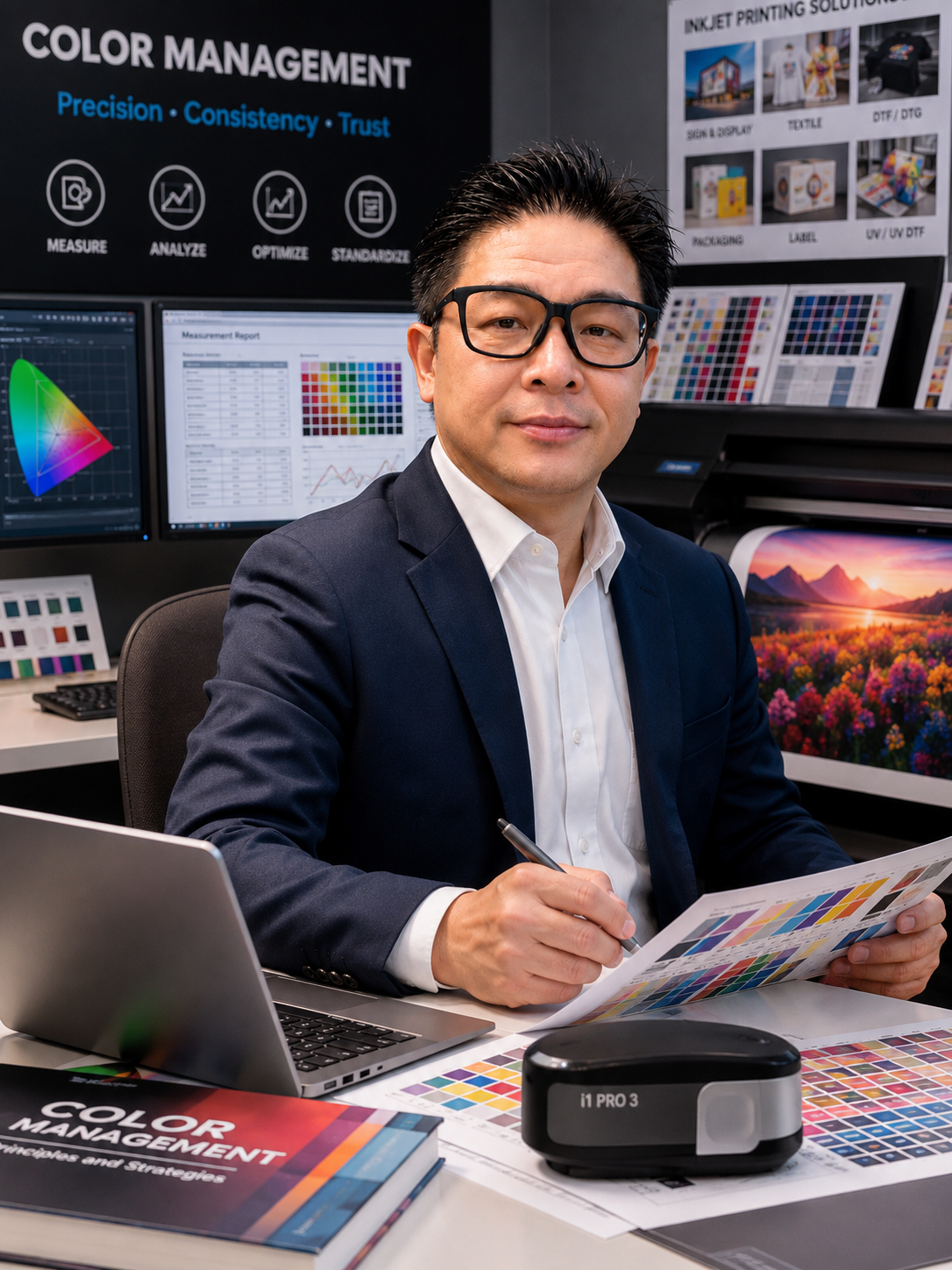 A man in a business suit wearing glasses sitting at a desk surrounded by color management and printing samples, looking at a color chart.