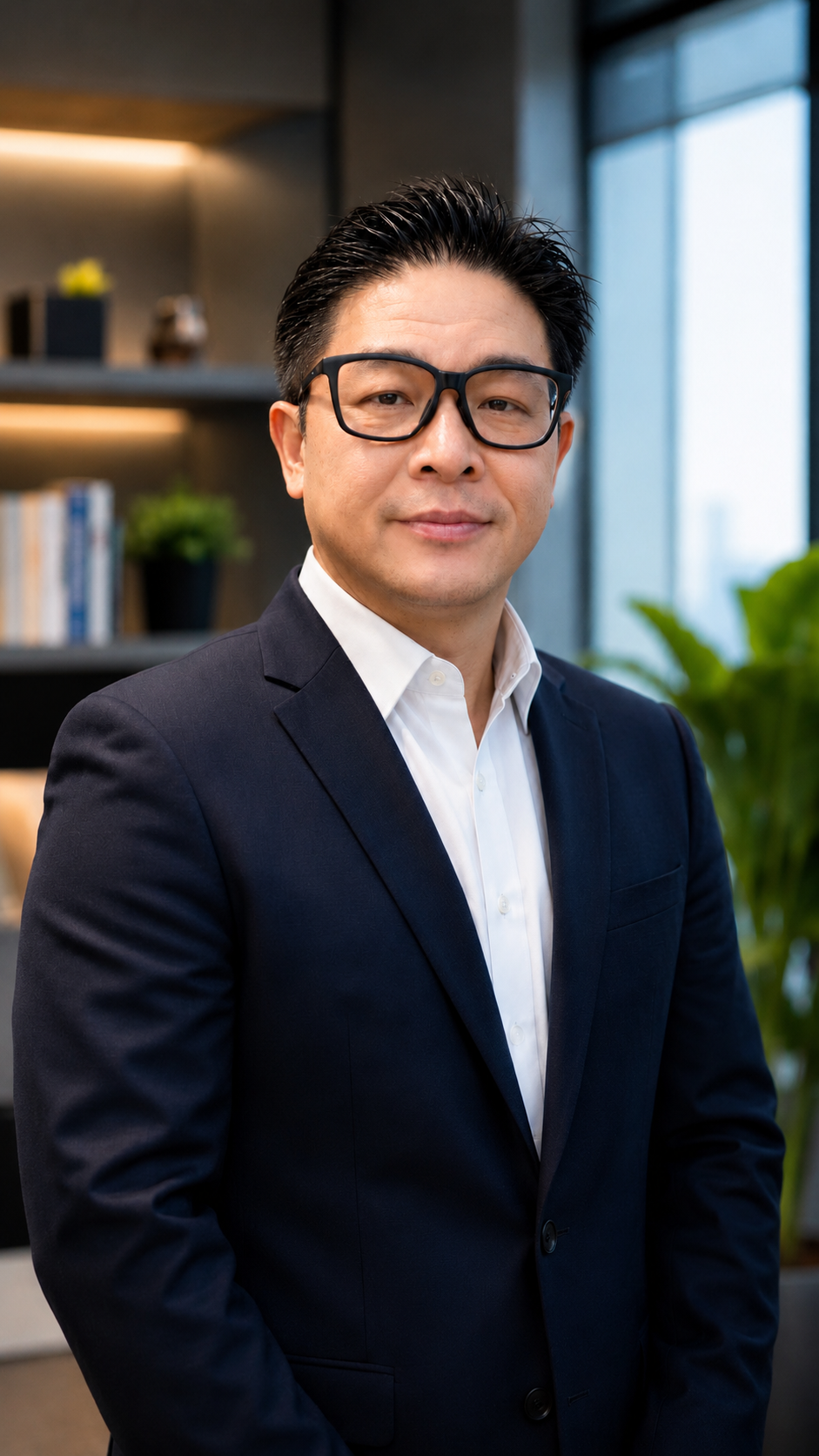 A confident man in a black suit and white shirt standing in an office. He has black glasses and neatly styled black hair. The background shows a modern office with bookshelves, plants, and large windows.