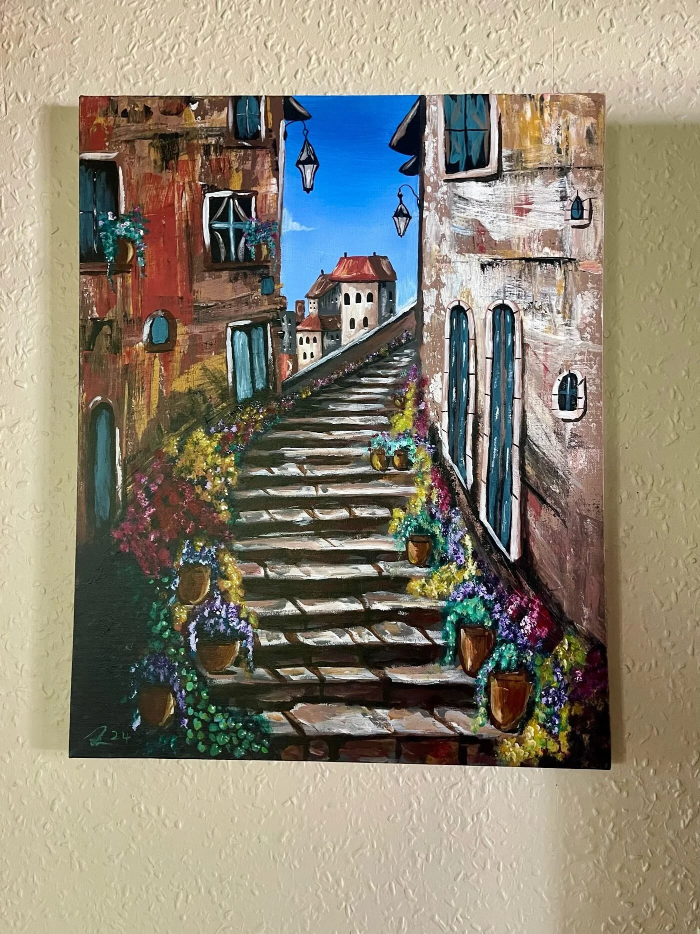 Original painting by Tony of a staircase in a village