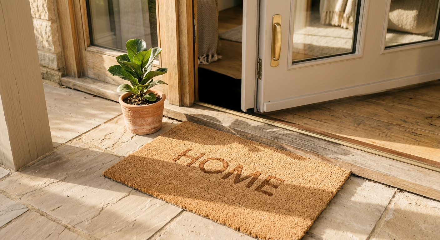 A doormat with the word 'HOME' written on it placed outside a glass door, with a potted plant nearby on a stone-floor porch.