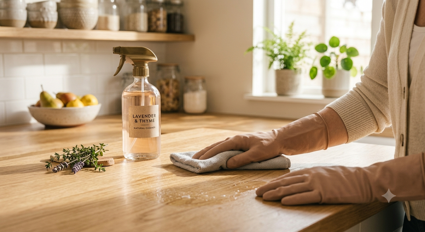 Person cleaning a wooden countertop with a cloth, lavender and thyme spray, and sprigs of lavender nearby, in a bright kitchen with potted plants on the windowsill.