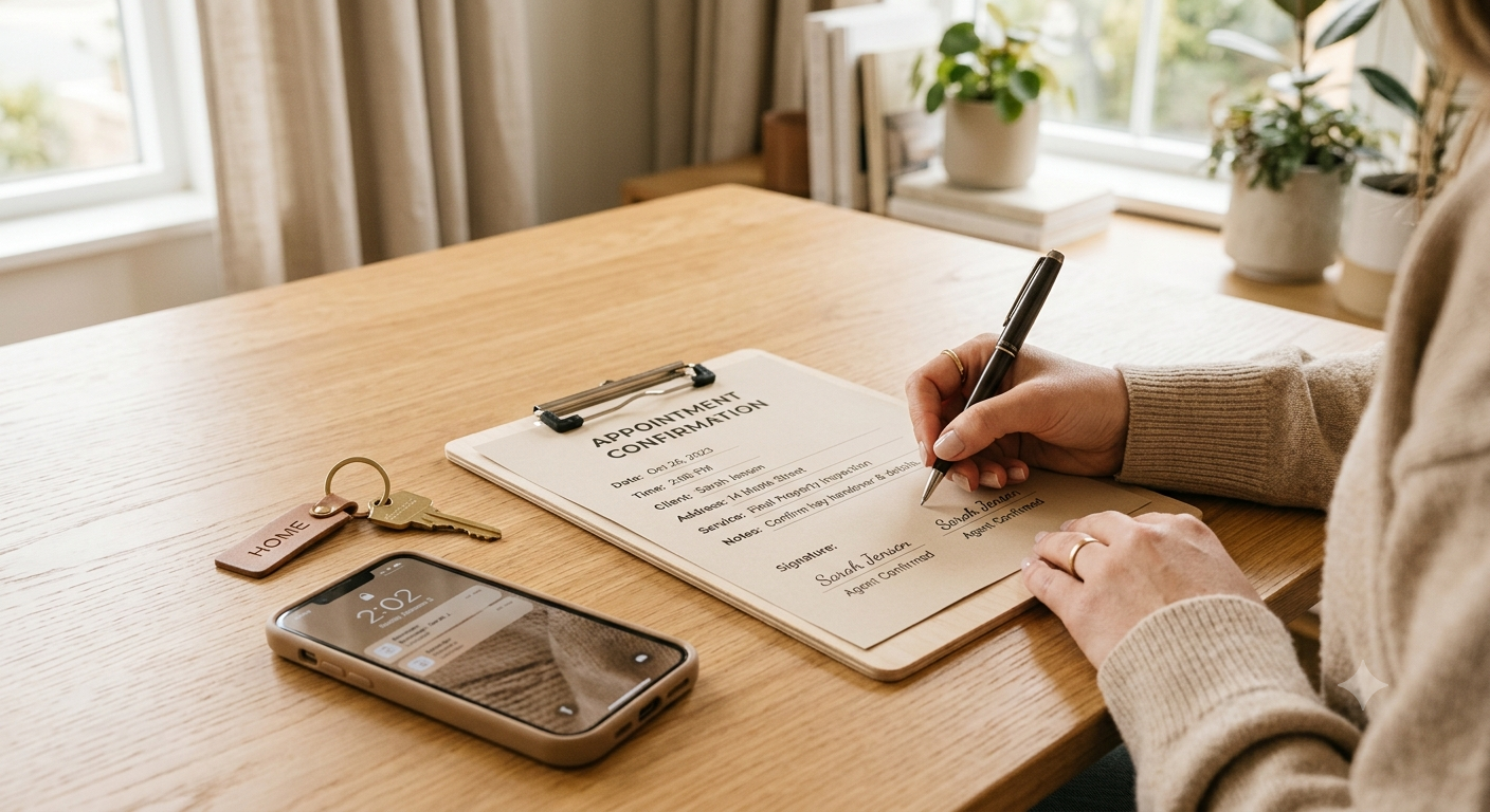Person signing an appointment confirmation form at a wooden desk with a smartphone, keys, and a home key tag nearby, in a room with a window and potted plants.