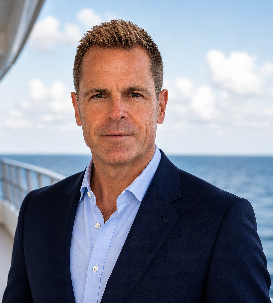 A man in a dark suit and light blue shirt standing outdoors near a large body of water, with a cloudy sky in the background.