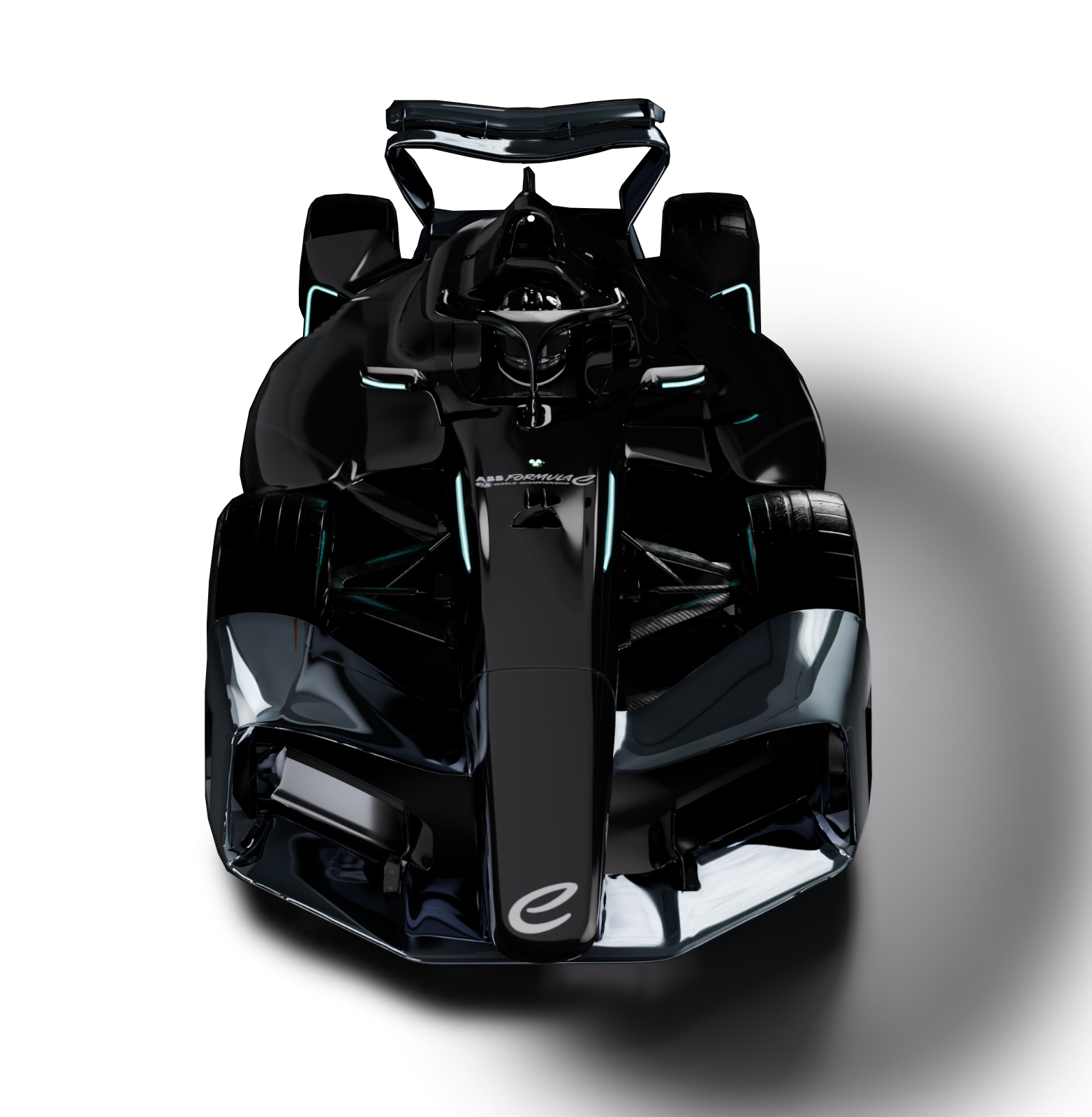 A sleek, black Formula E GEN4 race car with a futuristic design and glowing blue accents, displayed against a dark background.