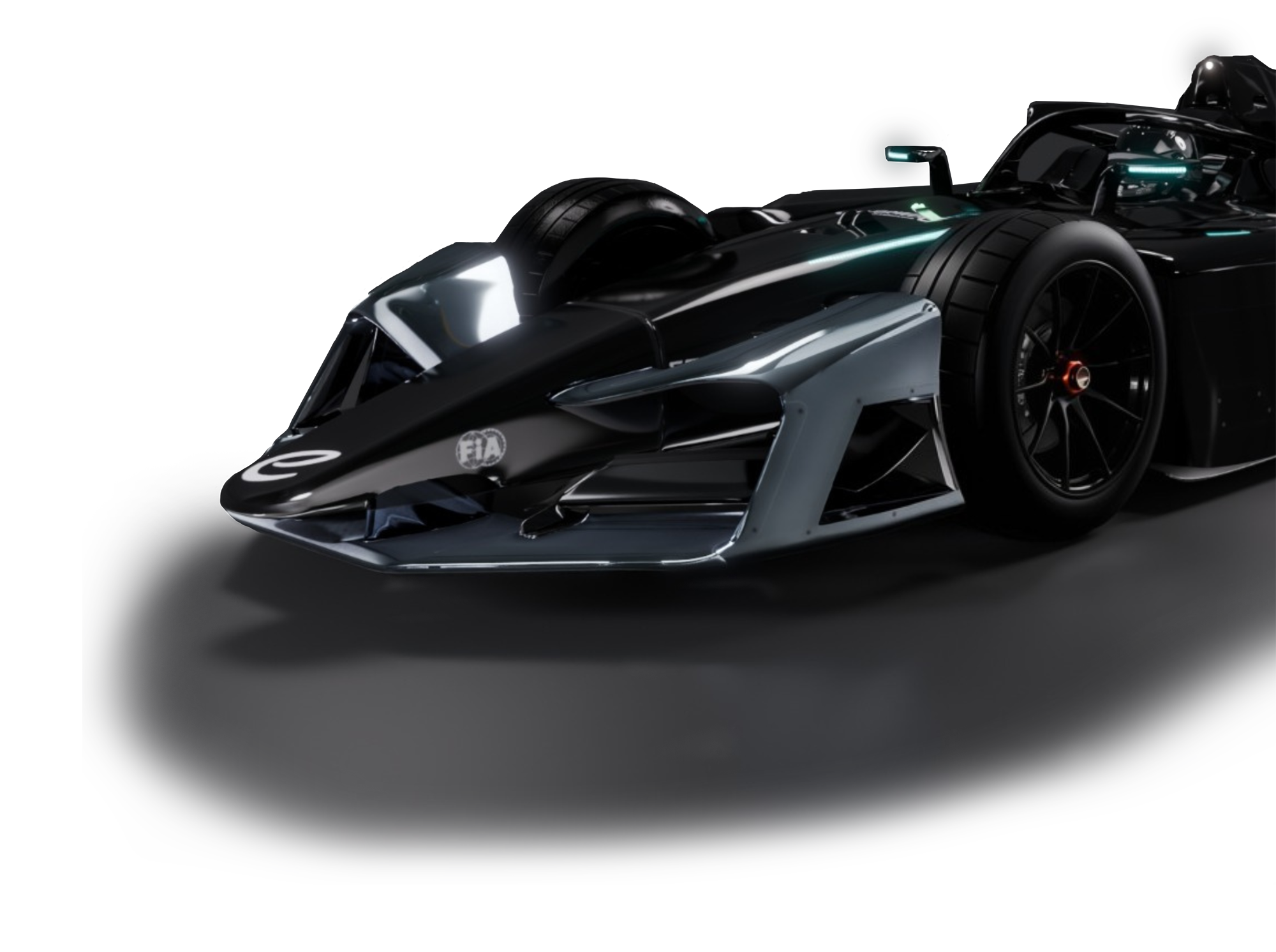 Close-up of a black Formula E GEN4 racing car with aerodynamic design, large rear tires, and futuristic LED lighting accents, on a dark background.