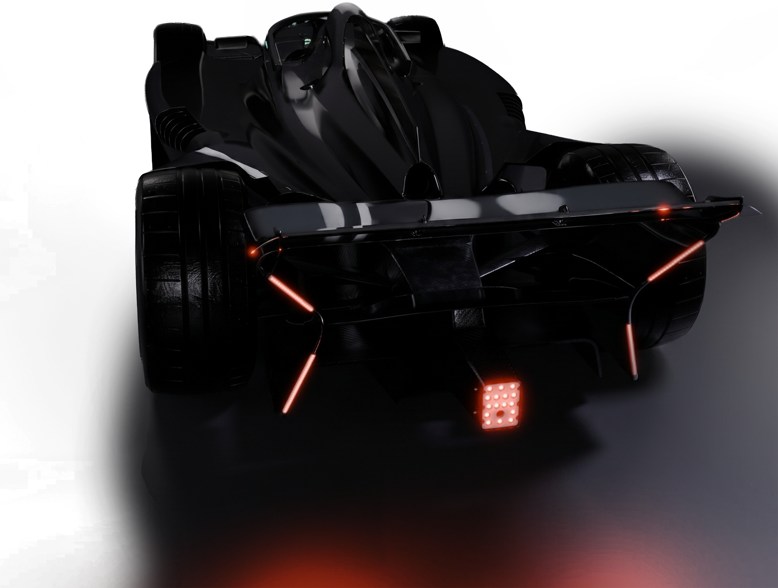 A futuristic black Formula E GEN4 race car with illuminated red lines and glowing red lights on its front and wheels. The car has a sleek, aerodynamic design with a closed cockpit.