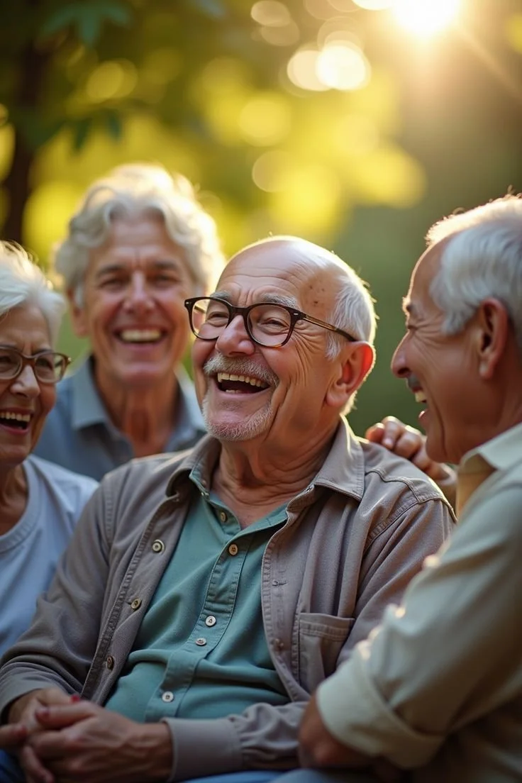 Older adults laughing and enjoying each other's company outdoors in a sunny setting.