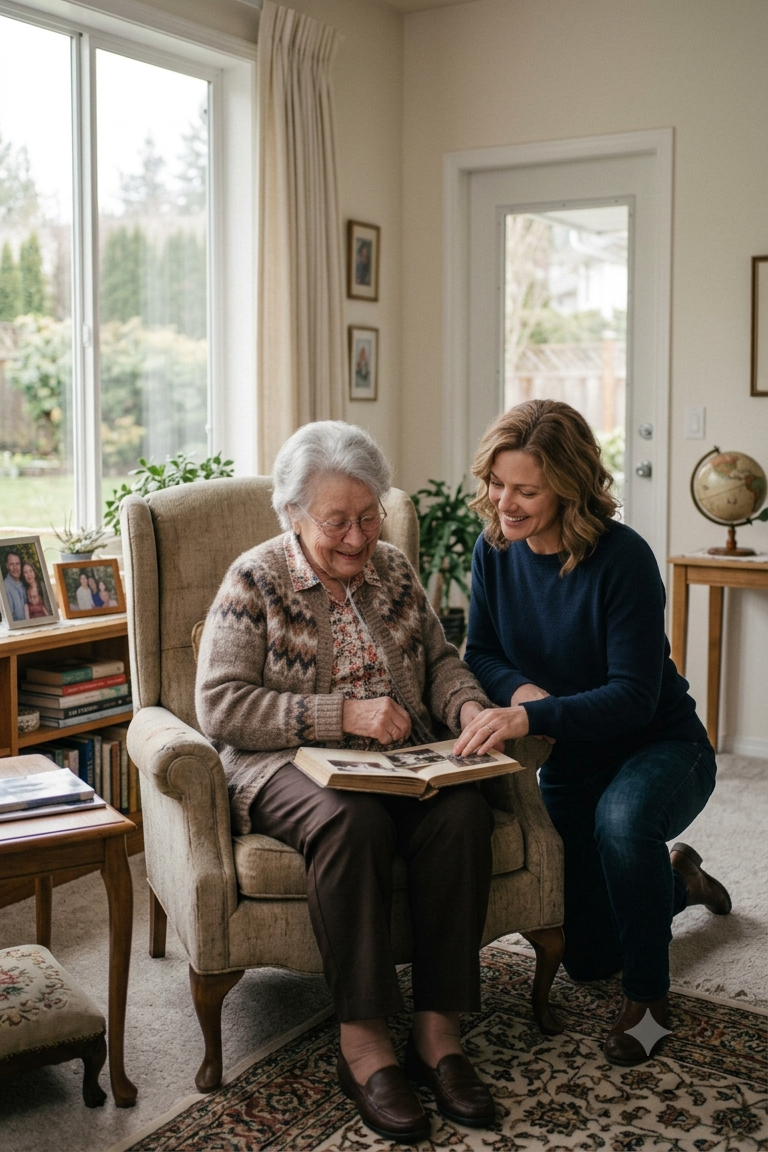 A younger woman and an elderly woman sit together in a living room, looking at and smiling at a photo album.
