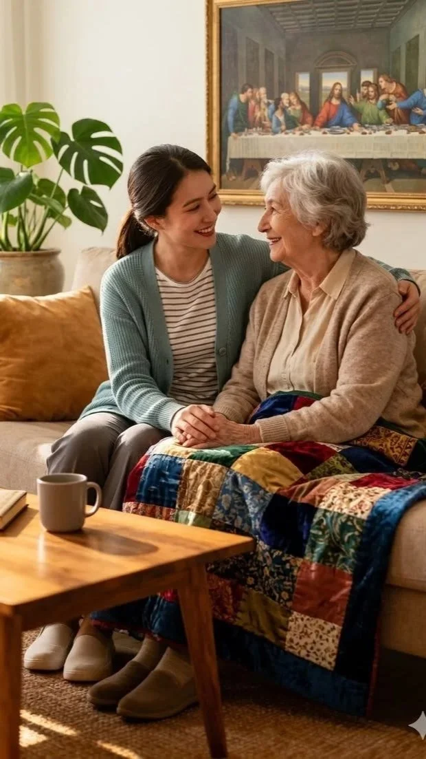 A young woman and an elderly woman sitting on a sofa, holding hands, and smiling at each other. The young woman has her arm around the elderly woman. There is a large green plant, a framed painting of The Last Supper, and a coffee cup on a wooden table in the background.