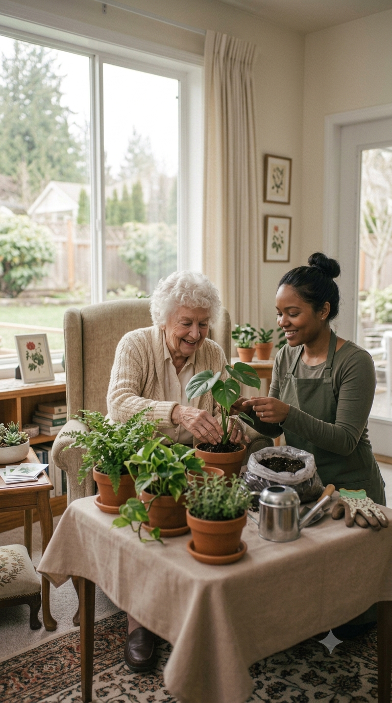 A young woman is helping an elderly woman with planting a potted plant indoors. They are smiling and surrounded by various potted plants on a table, with a window and garden visible in the background.